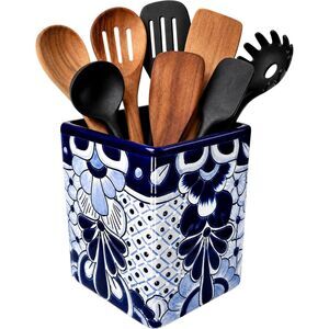 Talavera Ceramic Utensil Holder Blue White Mexican Folk Art Hand Painted